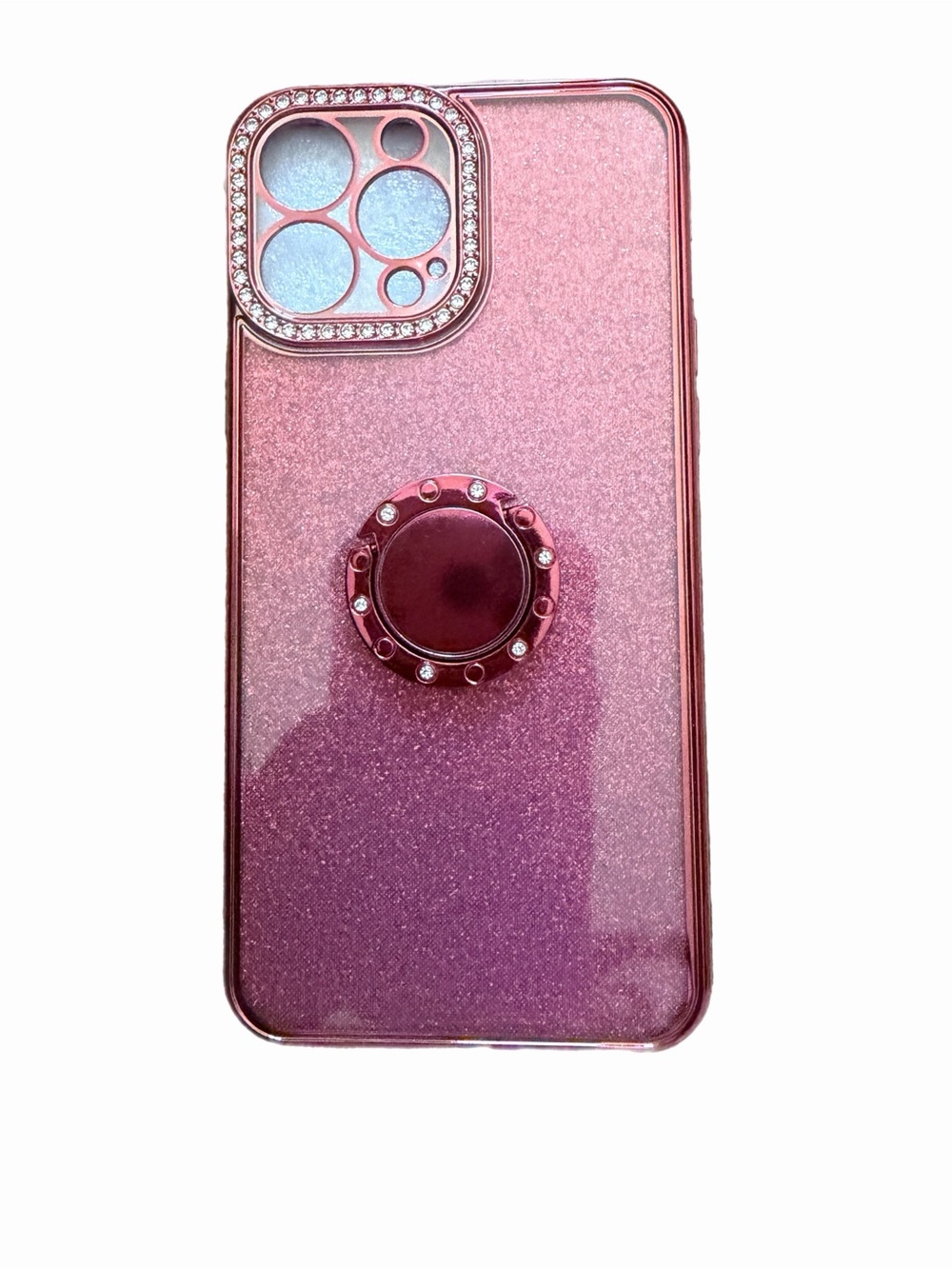 Red Glitter Phone Case with Ring Grip and Camera Rhinestones IPhone 15 Pro Max.